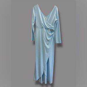 WAYF Size L Baby Blue Long Sleeve Maxi Dress V-NECK FAUX WRAP ROSETTE APPLIQUÉ